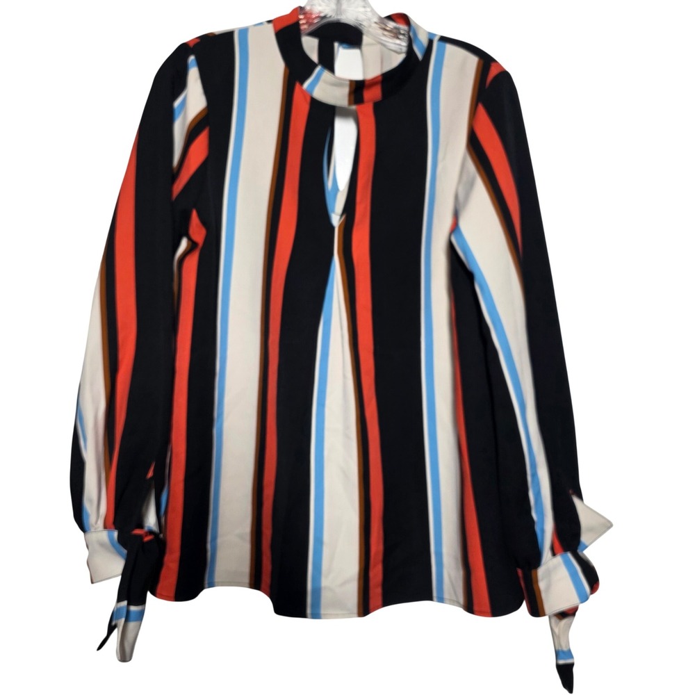 Crosby by Mollie Burch Striped Keyhole Mock Neck Blouse Tie Cuff Small